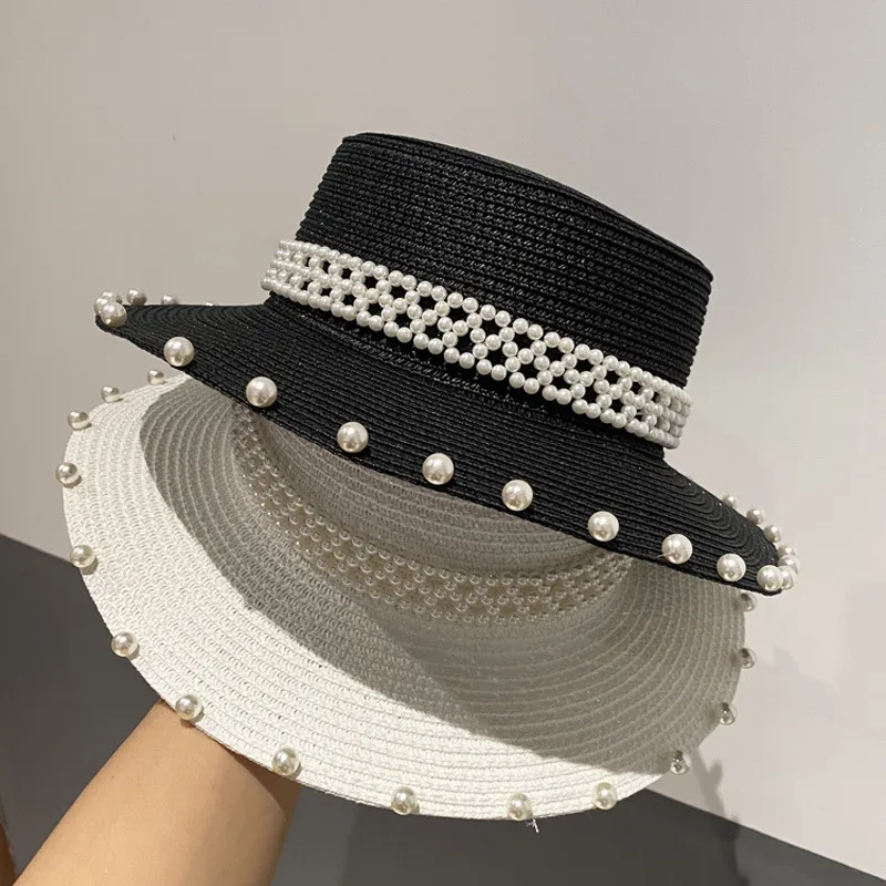 Oversized Flower Accent Pearl Link Band Wide Brim Straw Sun Hat