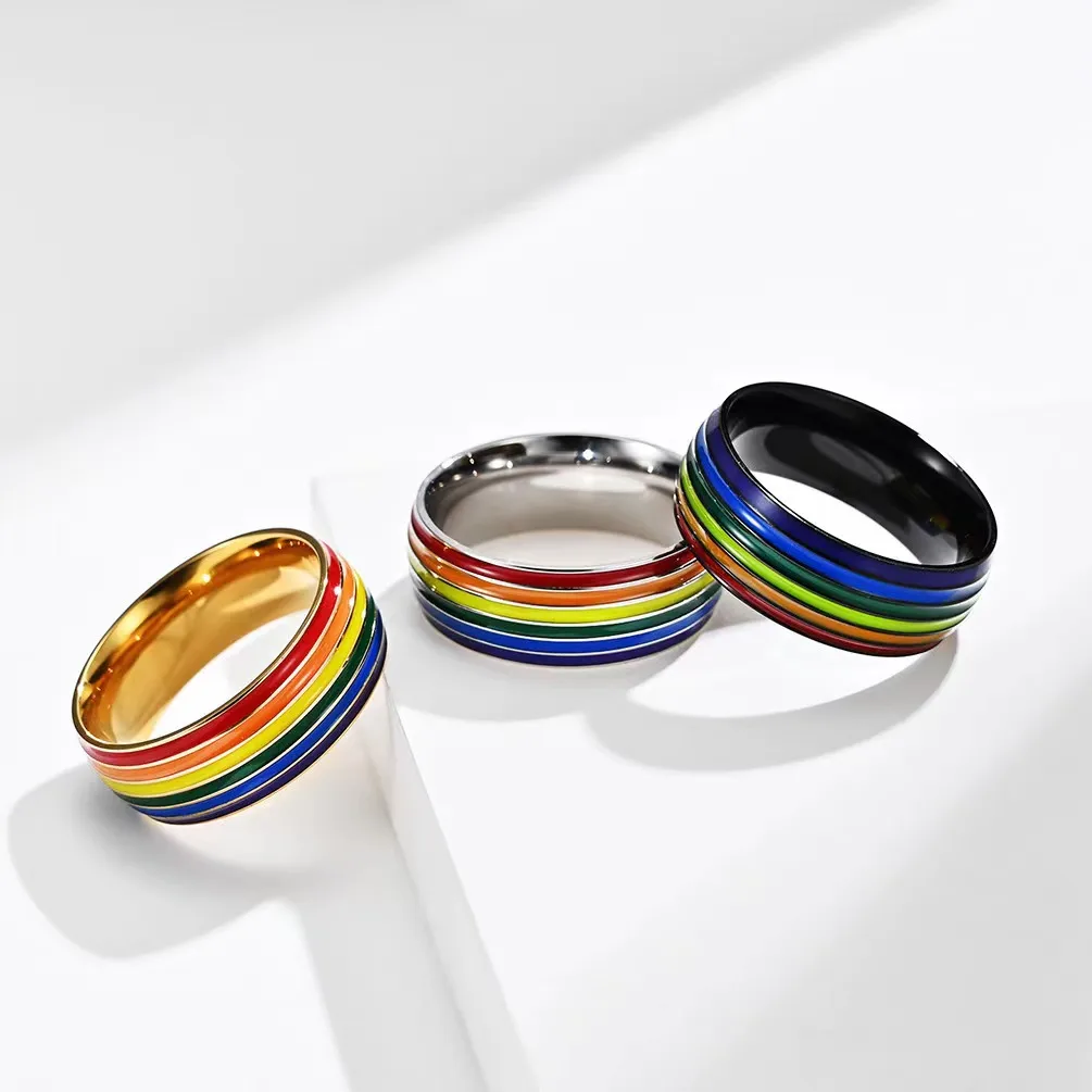 Wholesale Jewelry Rainbow Cartoon Style Titanium Steel Rings Enamel ...