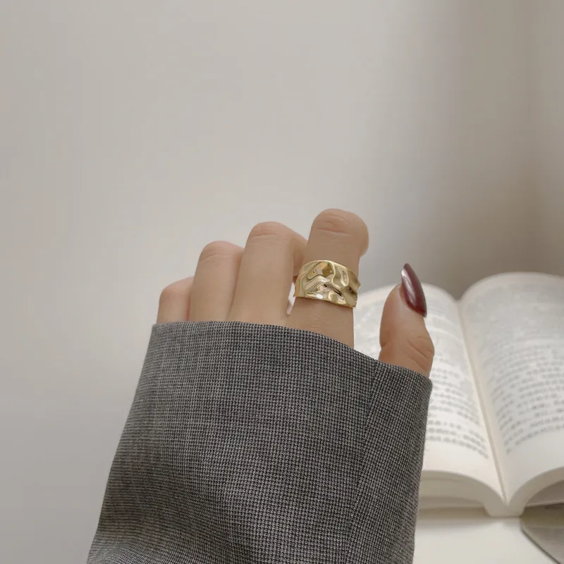 Casual Modern Style Simple Style 925 Sterling Silver Solid Color Monogram Crack Plating 18K Gold Plated Silver Plated Women's Wide Band Rings Open Rings Rings display picture 8