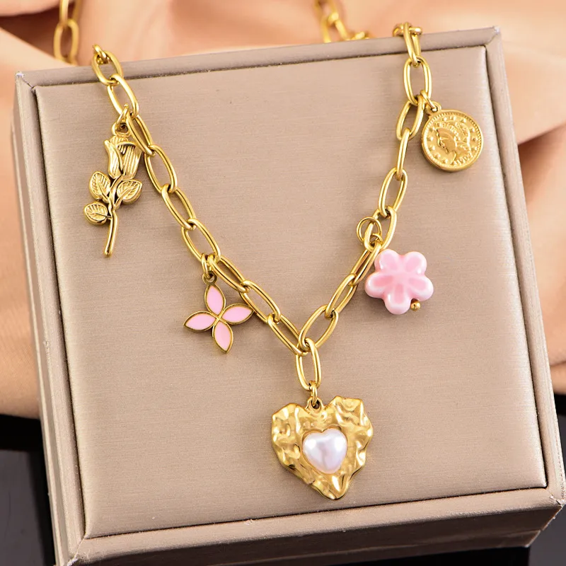 Heart Shape Flower Casual Vintage Style Lady 304 Stainless Steel Multi Charms Necklace Wholesale display picture 2