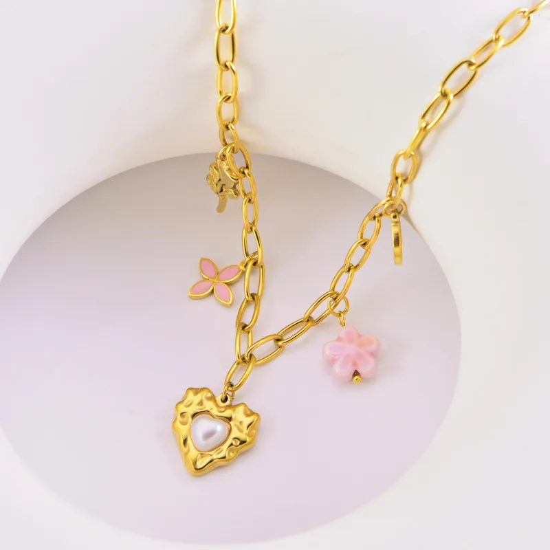 Heart Shape Flower Casual Vintage Style Lady 304 Stainless Steel Multi Charms Necklace Wholesale display picture 5