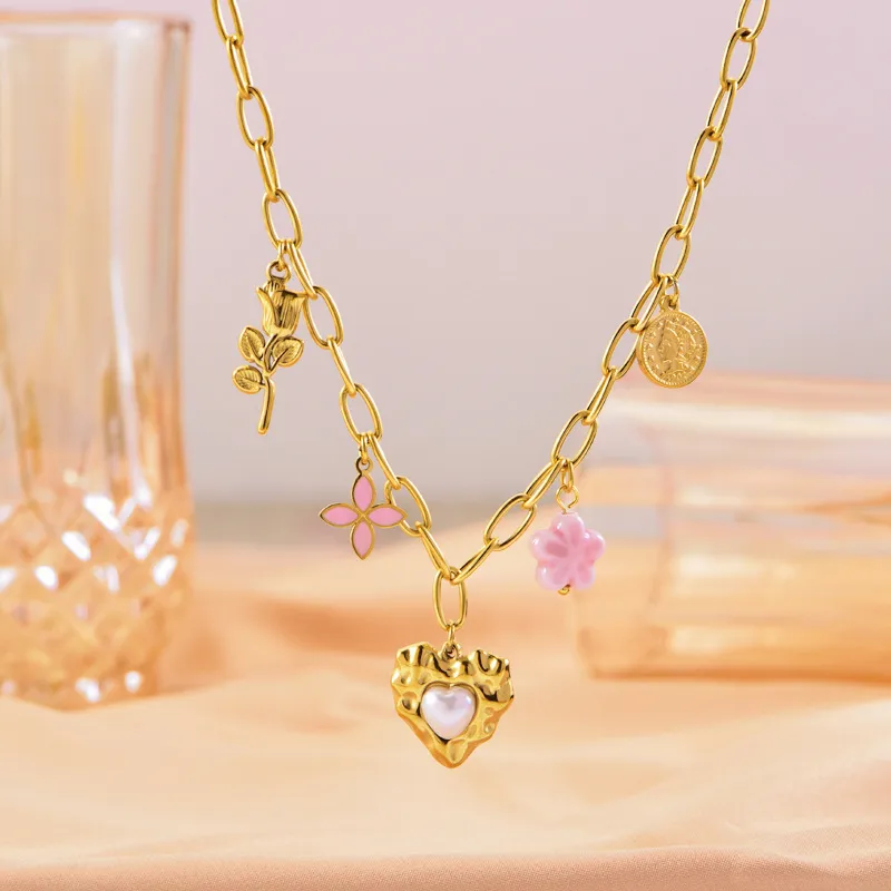 Forme De Cœur Fleur Décontractée Style Vintage Femme Acier Inoxydable 304 Collier Multi-breloques De Gros display picture 4