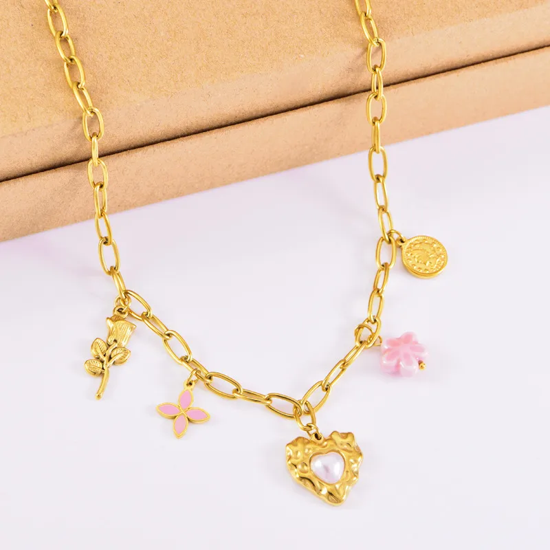 Heart Shape Flower Casual Vintage Style Lady 304 Stainless Steel Multi Charms Necklace Wholesale display picture 3