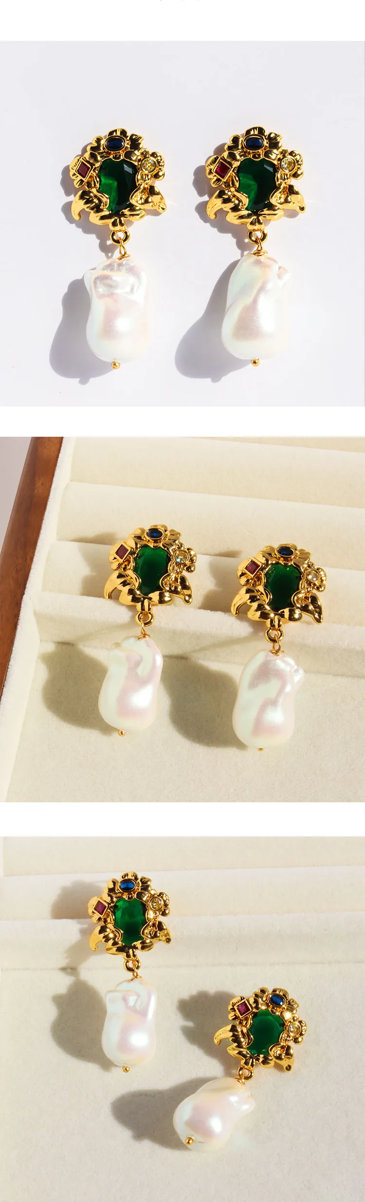 1 Pair Irregular Flower Retro Baroque Style Natural Stone Pearl 24K Gold Plated Pearl Zircon Inlay Drop Earrings display picture 3