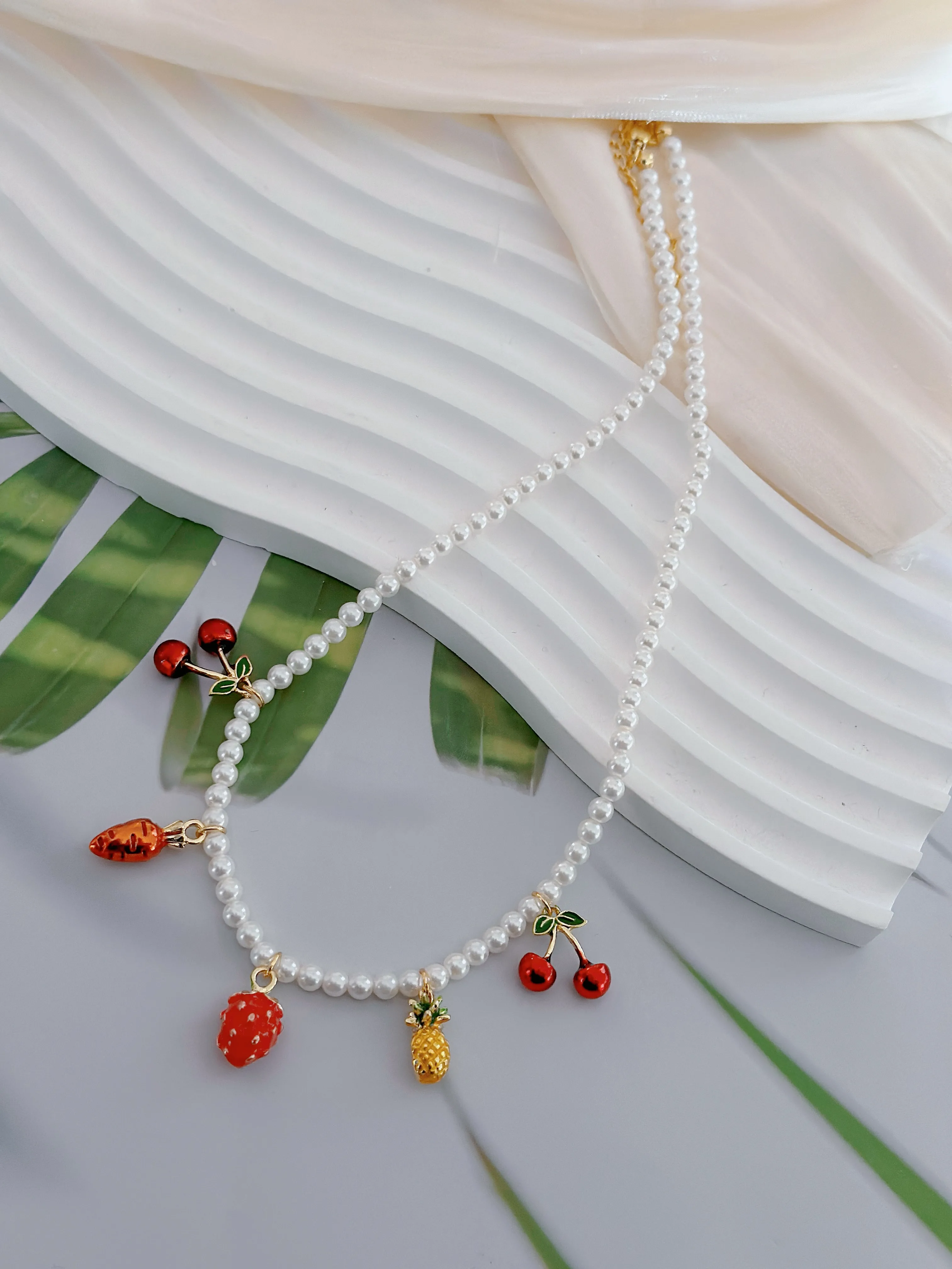 Cherry Fruit Cute Sweet IG Style 18K Gold Plated Imitation Pearl Copper Multi Charms Necklace Wholesale display picture 3