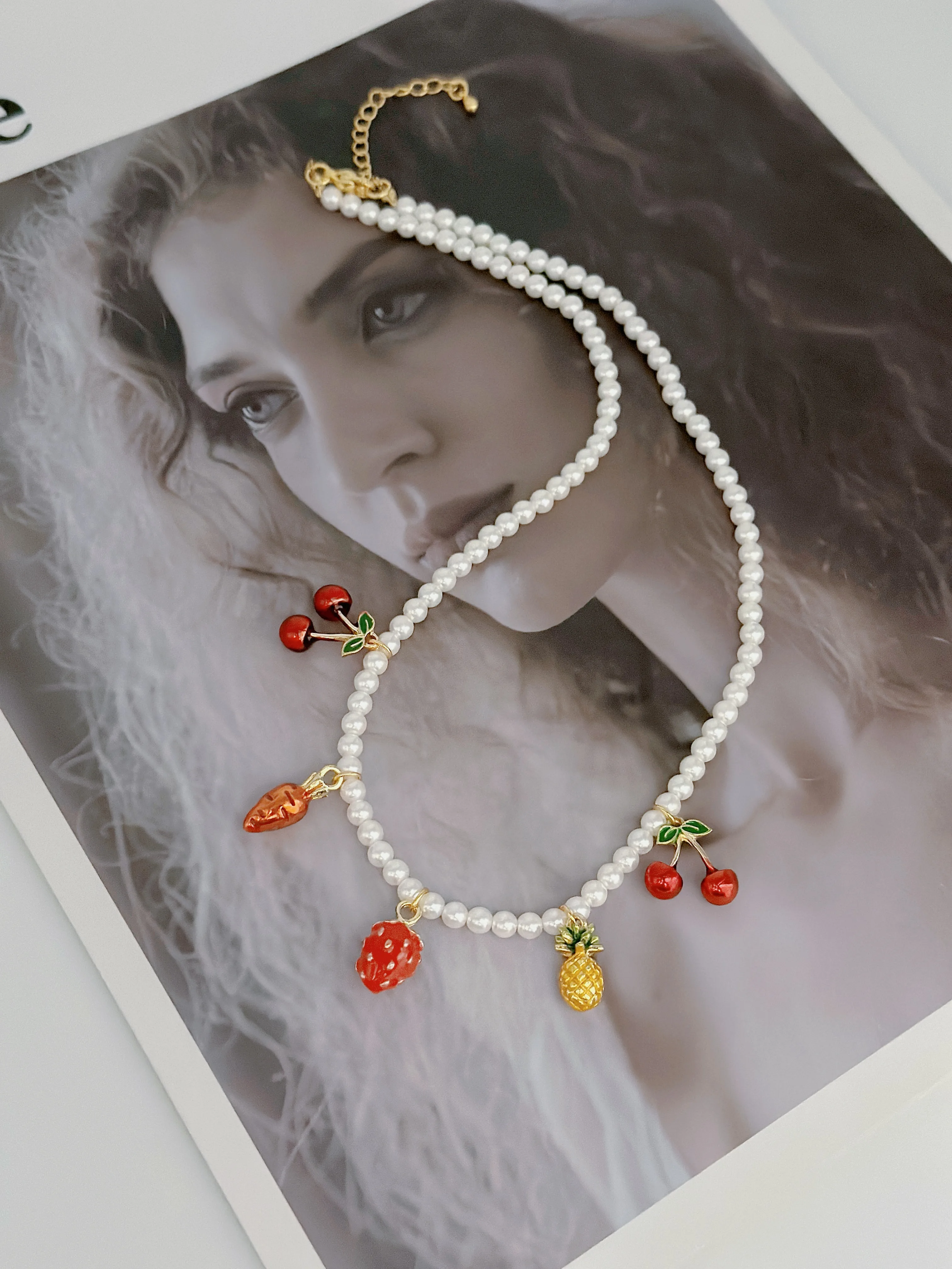 Cherry Fruit Cute Sweet IG Style 18K Gold Plated Imitation Pearl Copper Multi Charms Necklace Wholesale display picture 2