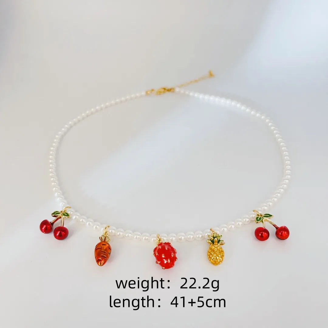 Cherry Fruit Cute Sweet IG Style 18K Gold Plated Imitation Pearl Copper Multi Charms Necklace Wholesale display picture 1