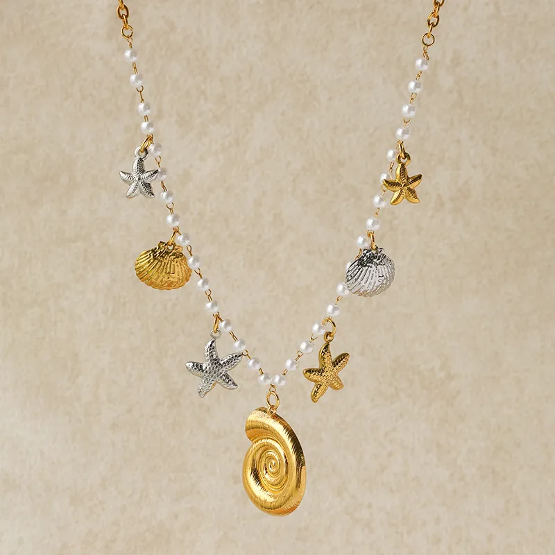 Starfish Conch Shell Elegant Baroque Style Beach 304 Stainless Steel Multi Charms Necklace Wholesale display picture 2