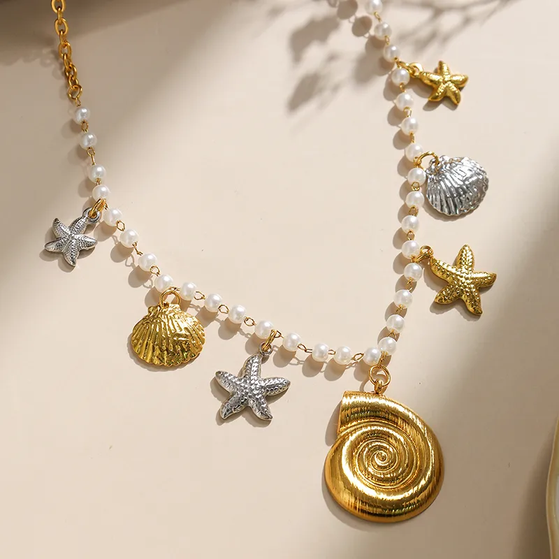 Starfish Conch Shell Elegant Baroque Style Beach 304 Stainless Steel Multi Charms Necklace Wholesale display picture 1