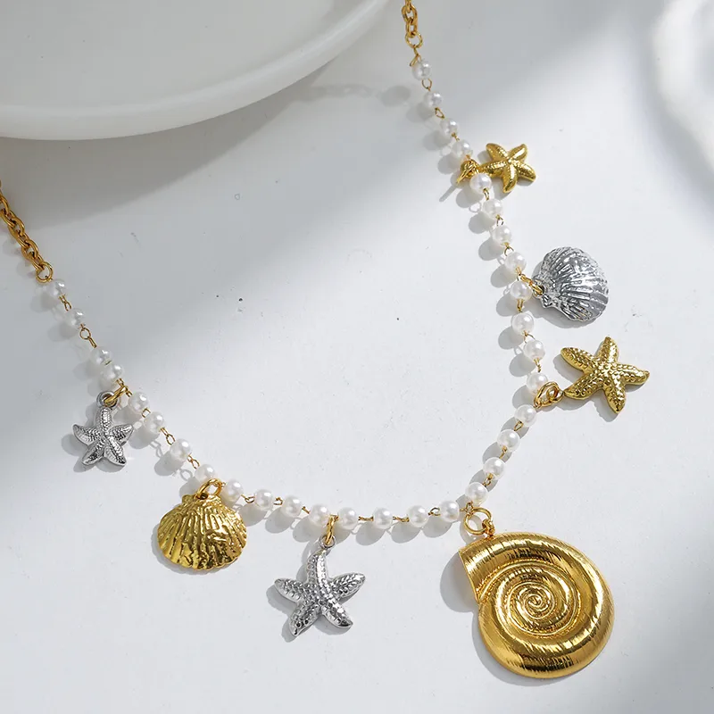Starfish Conch Shell Elegant Baroque Style Beach 304 Stainless Steel Multi Charms Necklace Wholesale display picture 3