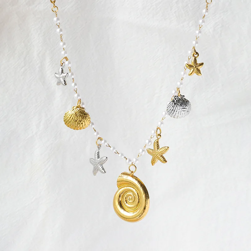 Starfish Conch Shell Elegant Baroque Style Beach 304 Stainless Steel Multi Charms Necklace Wholesale display picture 4