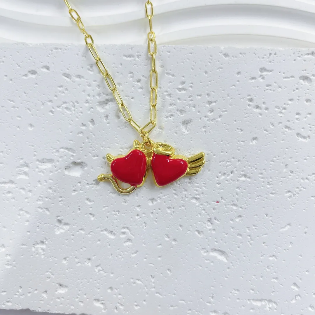 Doble Amor Ángel Demonio Glamour Gótico Exagerado Cobre Chapados En Oro De 18K Collar Colgante Pulido Cierre Con Gatillo De Langosta display picture 4