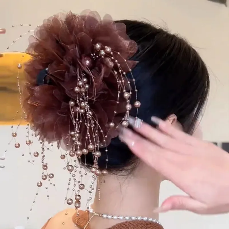 Mujeres Bloque De Color Elegante Reina Tela Borla Gasa Garras De Pelo display picture 2