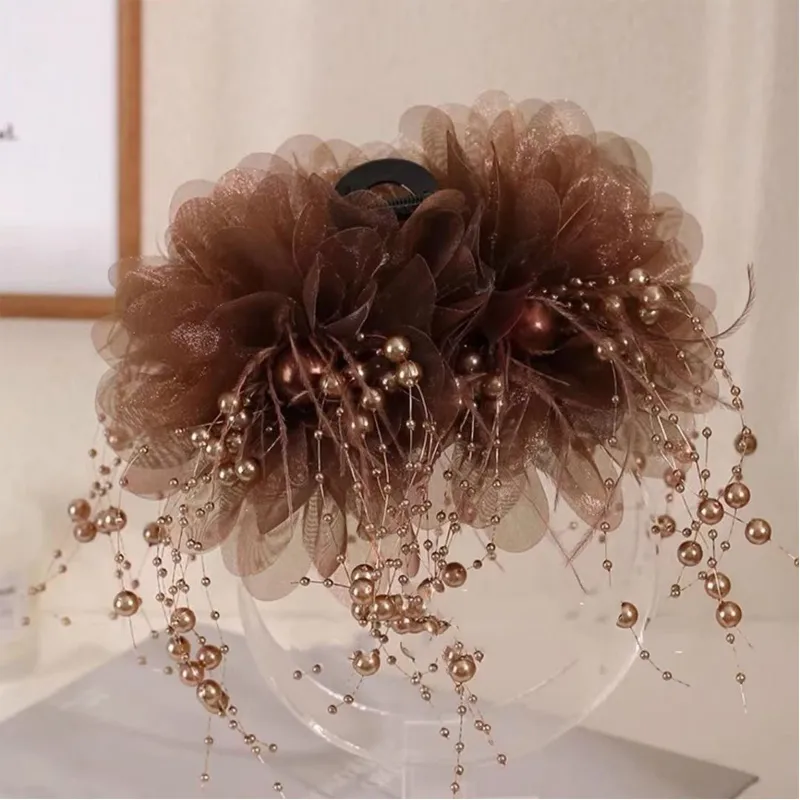 Mujeres Bloque De Color Elegante Reina Tela Borla Gasa Garras De Pelo display picture 3