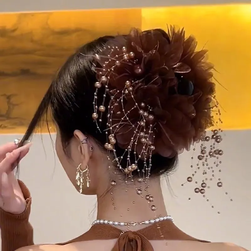 Mujeres Bloque De Color Elegante Reina Tela Borla Gasa Garras De Pelo display picture 5