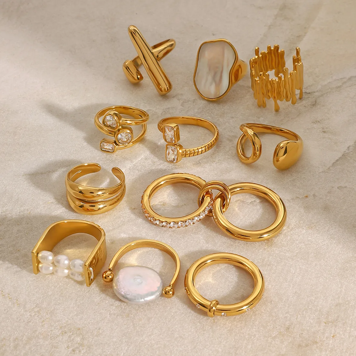 Style Vintage À La Française Acier Inoxydable 304 Géométrique Placage Coquille Zircon Femmes Anneau Ouvert Anneaux display picture 6