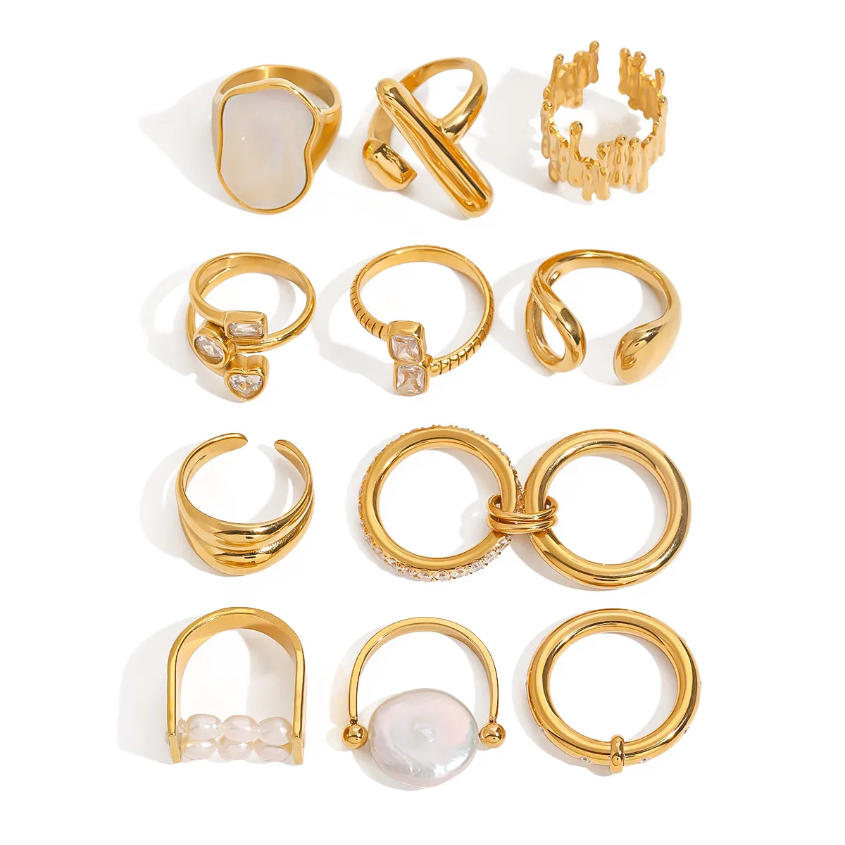 Style Vintage À La Française Acier Inoxydable 304 Géométrique Placage Coquille Zircon Femmes Anneau Ouvert Anneaux display picture 9