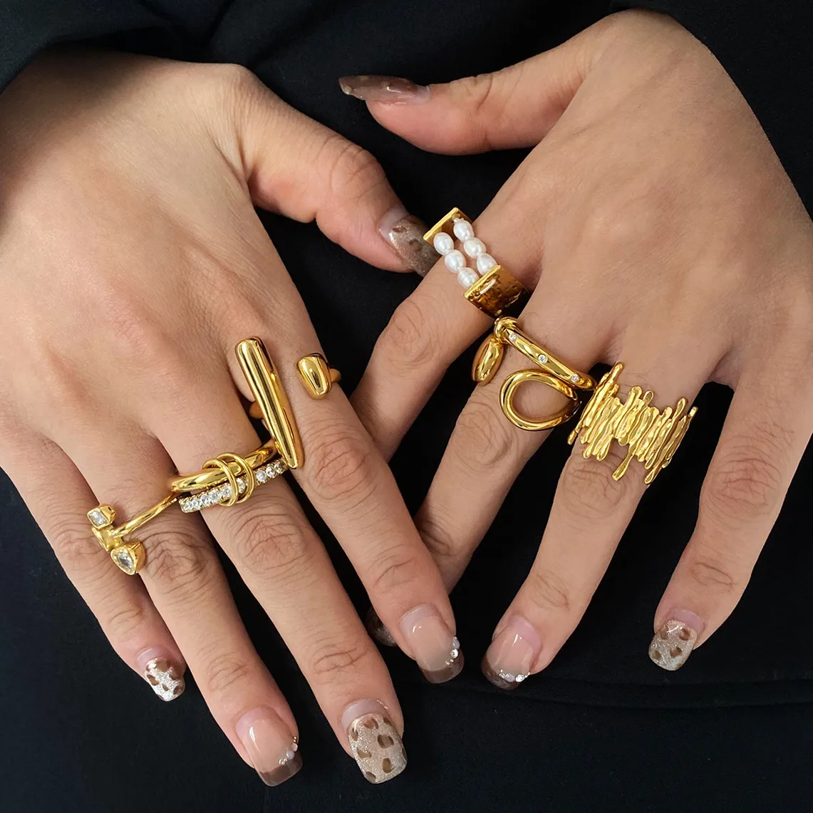 Vintage Style French Style 304 Stainless Steel Geometric Plating Shell Zircon Women's Open Rings Rings display picture 2