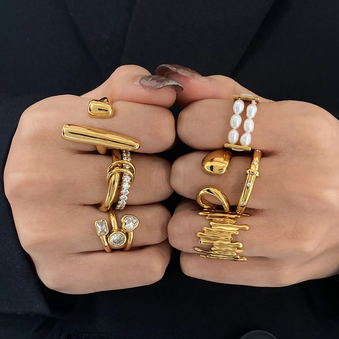 Vintage Style French Style 304 Stainless Steel Geometric Plating Shell Zircon Women's Open Rings Rings display picture 3