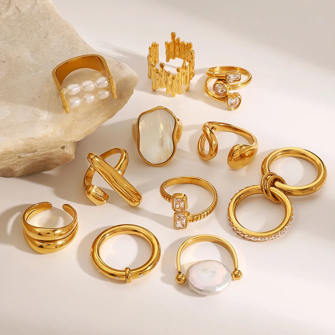 Vintage Style French Style 304 Stainless Steel Geometric Plating Shell Zircon Women's Open Rings Rings display picture 5