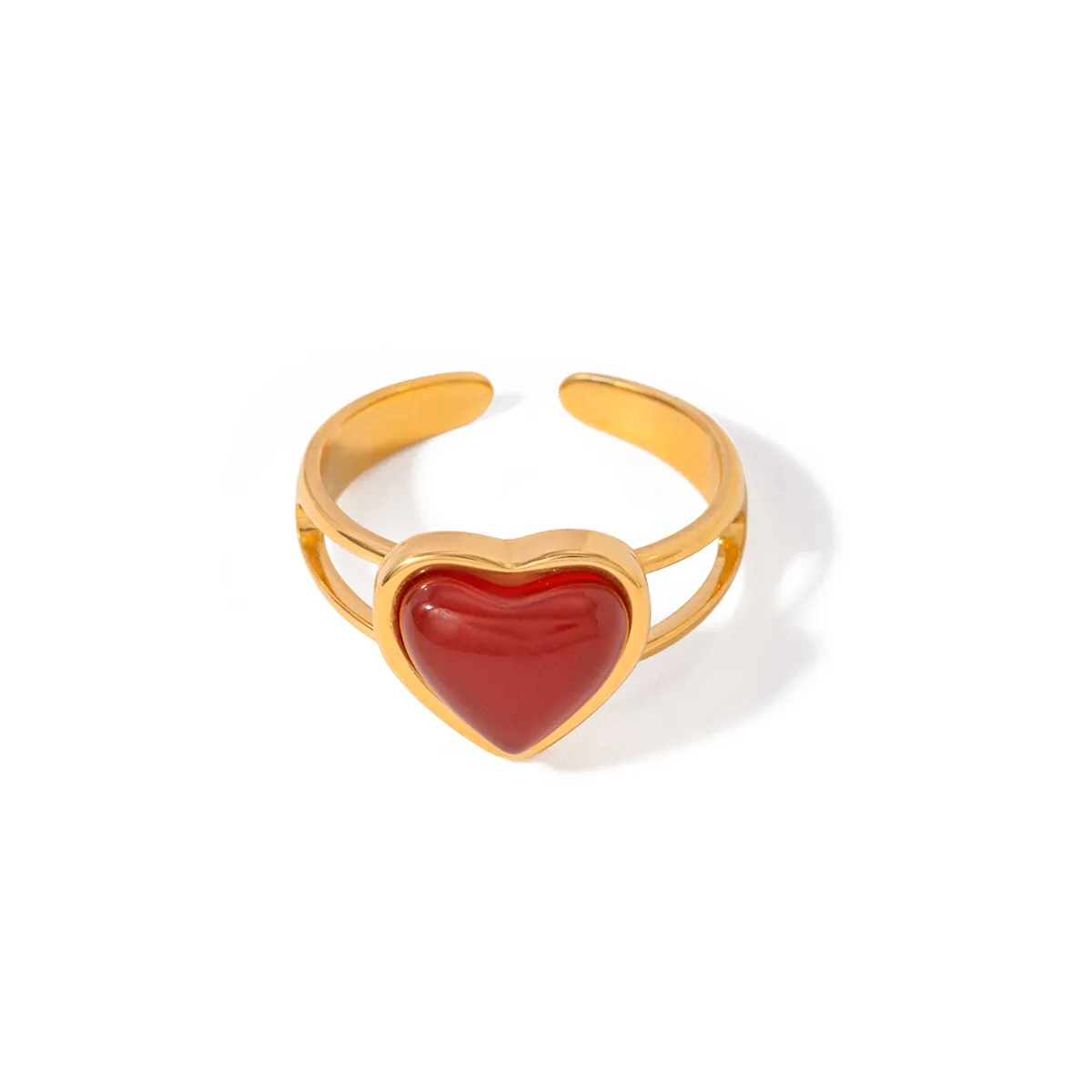 IG Style 304 Stainless Steel Heart Shape Inlay Red Agate 18K Gold Plated Women's Open Rings display picture 1