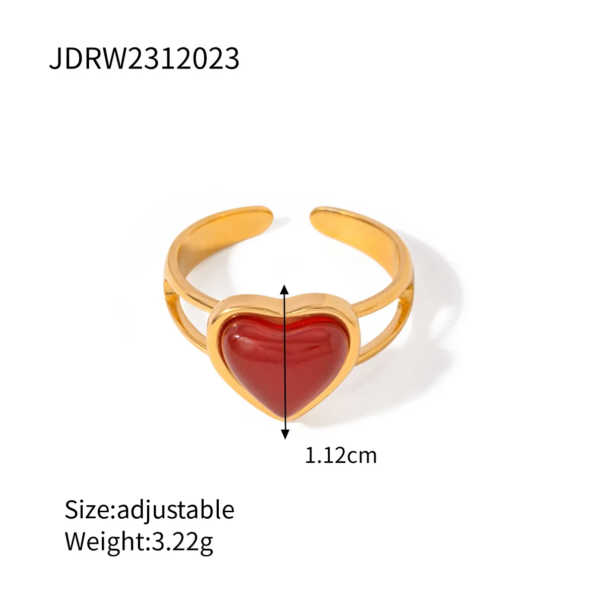 IG Style 304 Stainless Steel Heart Shape Inlay Red Agate 18K Gold Plated Women's Open Rings display picture 4
