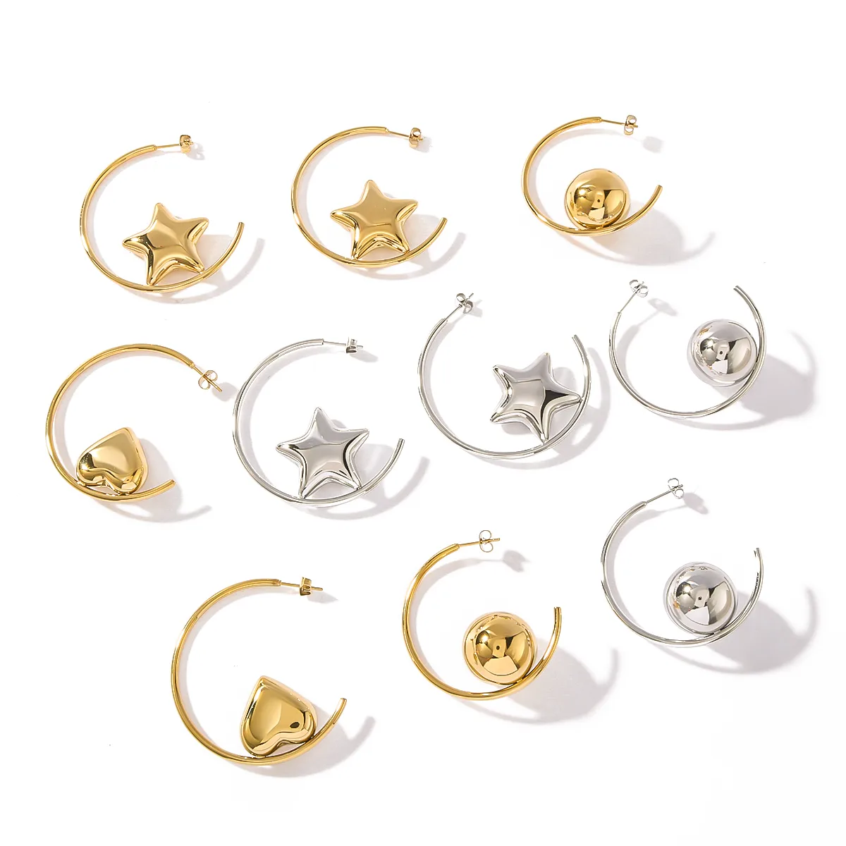 1 Pair Pentagram Round Heart Shape IG Style Classic Style Oversized 304 Stainless Steel 18K Gold Plated White Gold Plated Ear Studs display picture 1