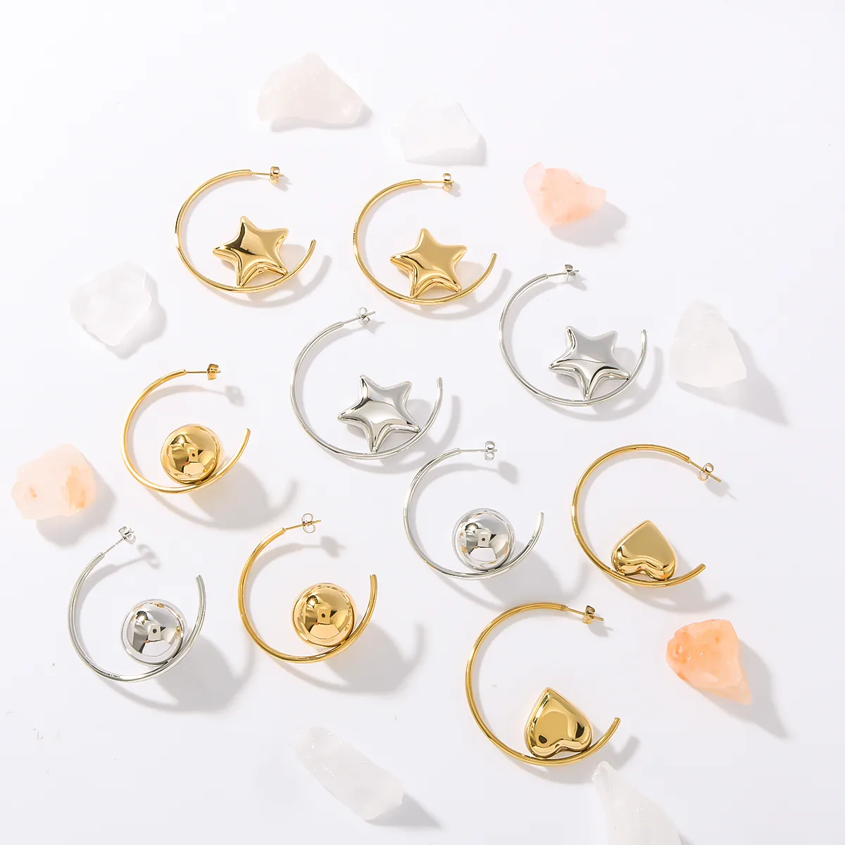 1 Pair Pentagram Round Heart Shape IG Style Classic Style Oversized 304 Stainless Steel 18K Gold Plated White Gold Plated Ear Studs display picture 2