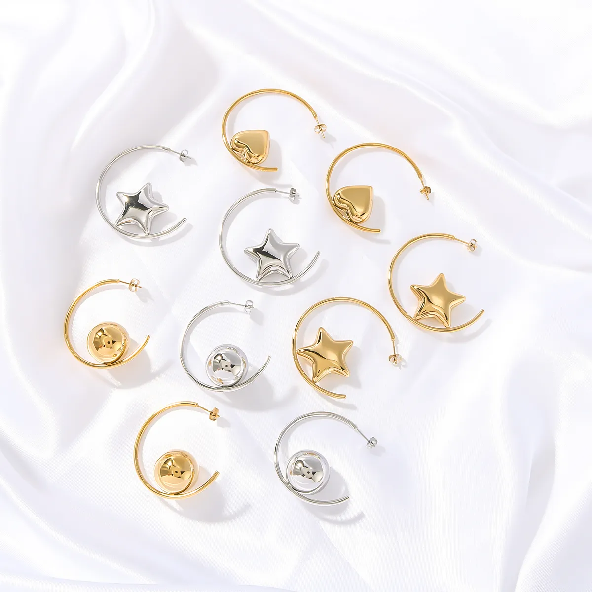 1 Paire Pentacle Rond Forme De Cœur Style IG Style Classique Énorme Acier Inoxydable 304 Plaqué Or 18K Or Blanc Plaqué Boucles D'Oreilles display picture 3