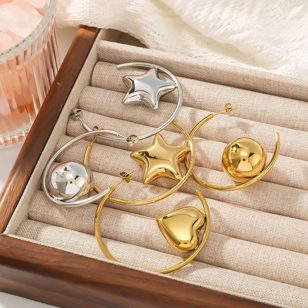 1 Pair Pentagram Round Heart Shape IG Style Classic Style Oversized 304 Stainless Steel 18K Gold Plated White Gold Plated Ear Studs display picture 4