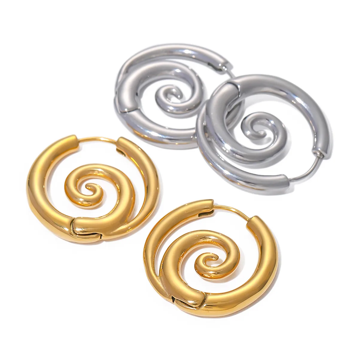 1 Pair Spiral Circle IG Style 304 Stainless Steel 18K Gold Plated Earrings display picture 9