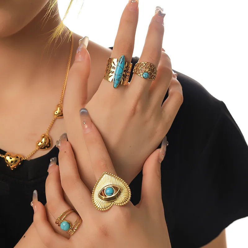 Élégant Style Vintage Style Simple Acier Inoxydable 304 Forme De Cœur Placage Évider Incruster Turquoise Plaqué Or 14K Femmes Anneau Ouvert display picture 1