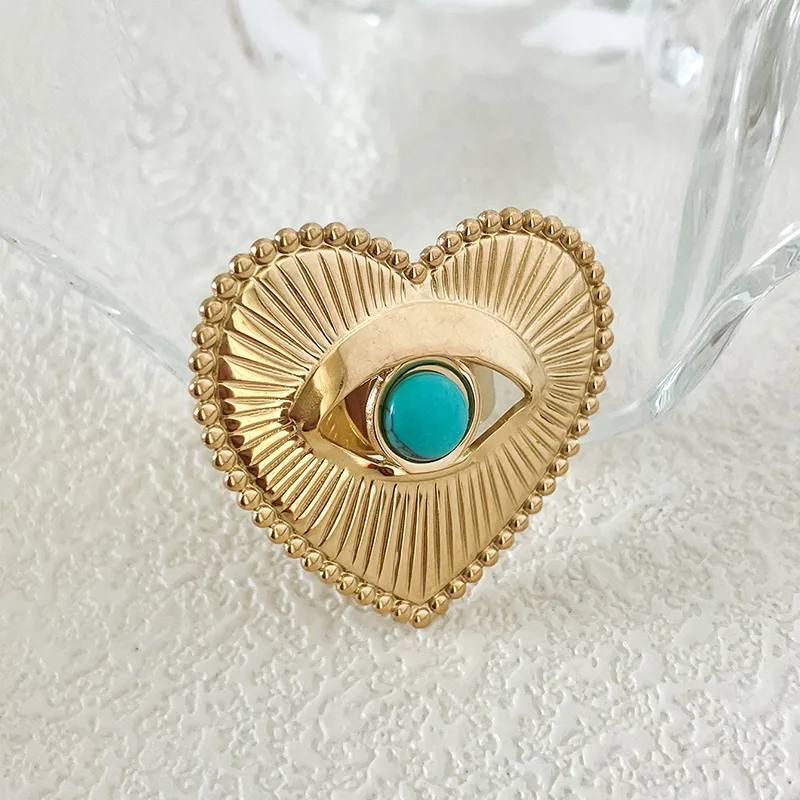 Élégant Style Vintage Style Simple Acier Inoxydable 304 Forme De Cœur Placage Évider Incruster Turquoise Plaqué Or 14K Femmes Anneau Ouvert display picture 3