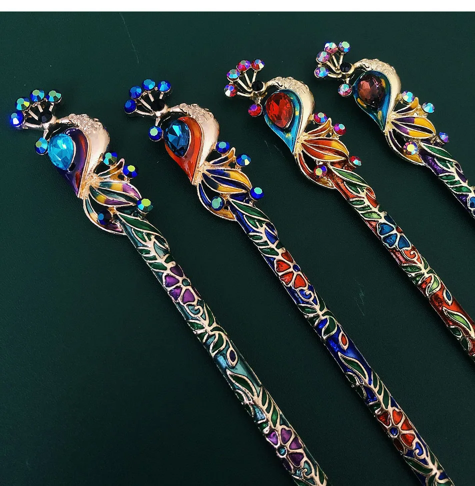 Vintage Headdress Peacock Crystal Cloisonne Hairpin Chinese Style Hanfu Updo Accessories Raccoon Hair Accessories display picture 3