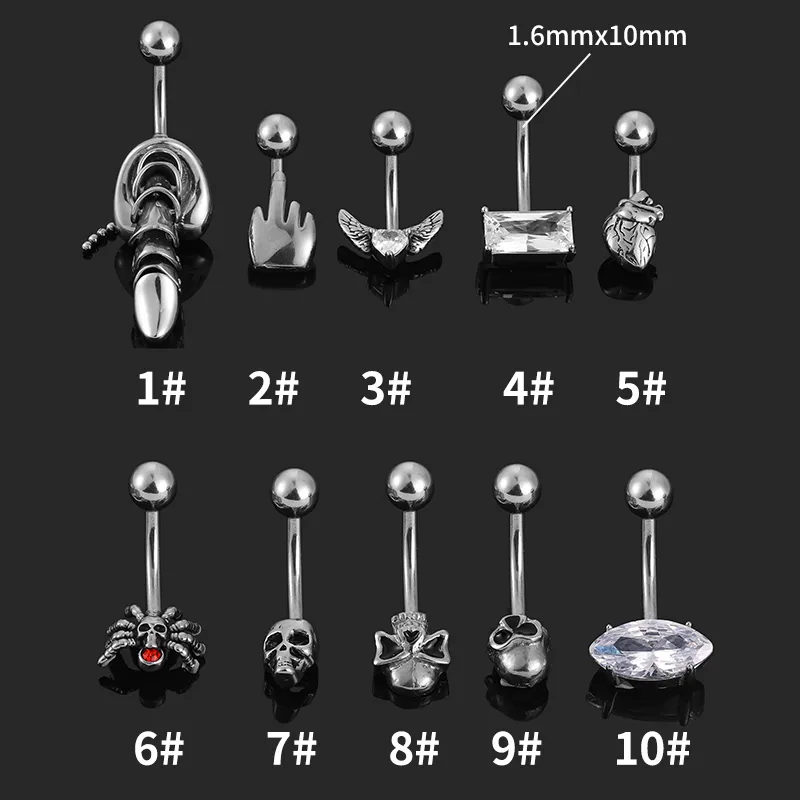 Acier Inoxydable 316L Hip Hop Punk Commuer Forme De Cœur Araignée Crâne Zircon Polissage Anneau Du Ventre display picture 4