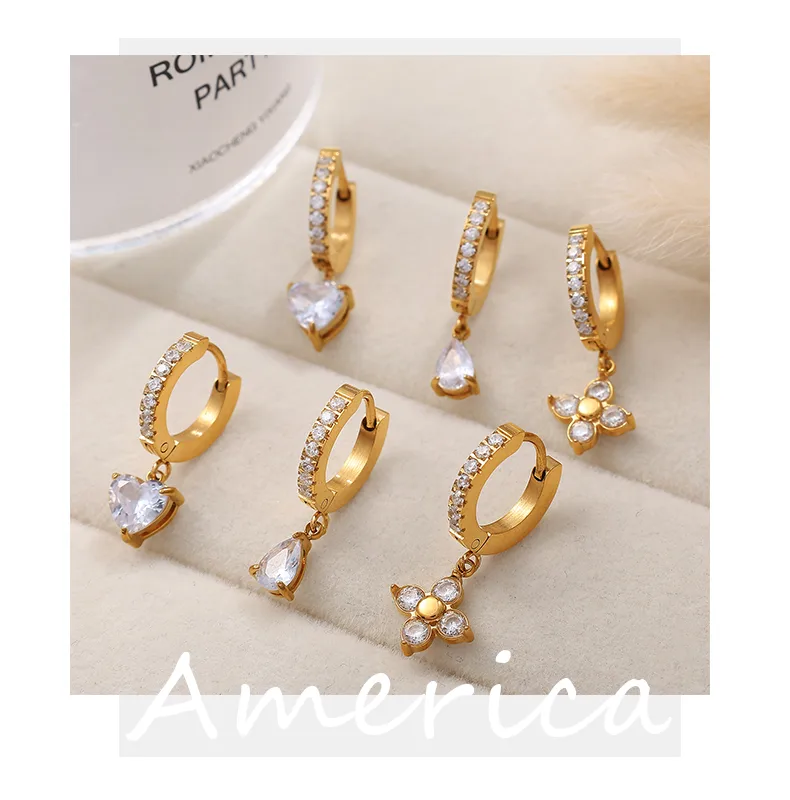 1 Paire Trèfle À Quatre Feuilles Les Gouttelettes D'Eau Forme De Cœur Glamour Luxueux Femme Acier Inoxydable 304 Des Boucles D'Oreilles display picture 6