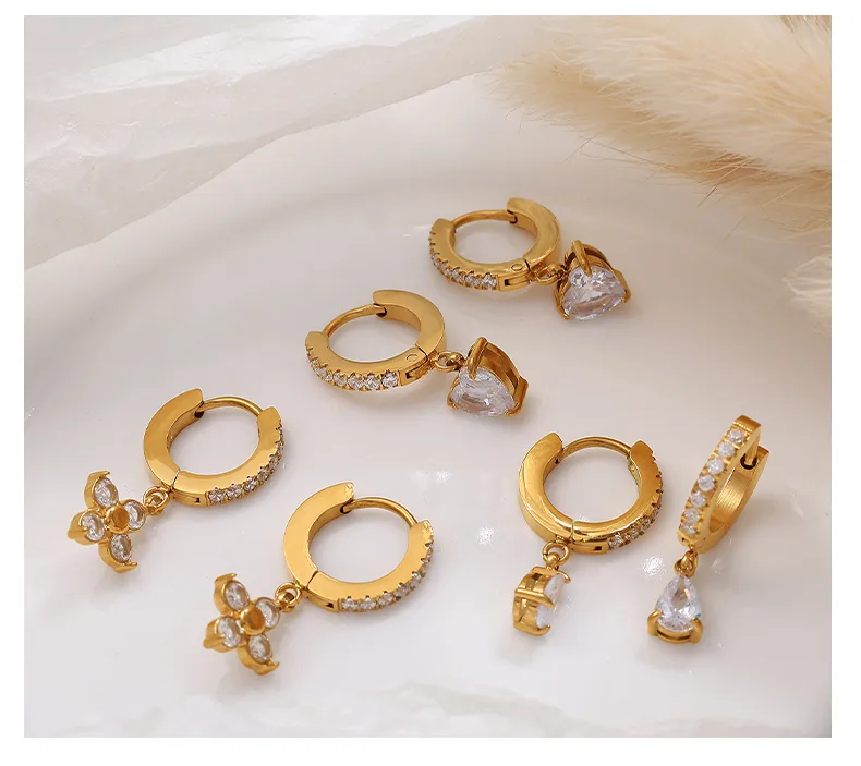 1 Pair Four Leaf Clover Water Droplets Heart Shape Glam Luxurious Lady 304 Stainless Steel Earrings display picture 3