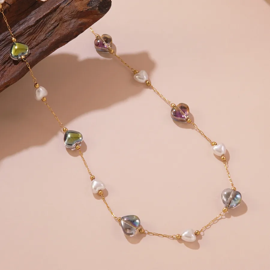 Irregular Colorful Heart Shape Vintage Style Classic Style Streetwear 304 Stainless Steel 18K Gold Plated Necklace Beaded Lobster Trigger Clasp Closure display picture 3
