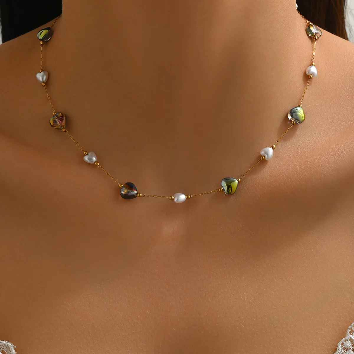 Irregular Colorful Heart Shape Vintage Style Classic Style Streetwear 304 Stainless Steel 18K Gold Plated Necklace Beaded Lobster Trigger Clasp Closure display picture 2