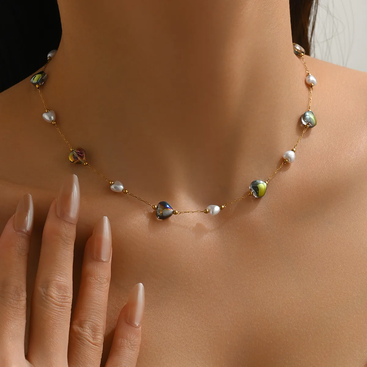 Irregular Colorful Heart Shape Vintage Style Classic Style Streetwear 304 Stainless Steel 18K Gold Plated Necklace Beaded Lobster Trigger Clasp Closure display picture 1