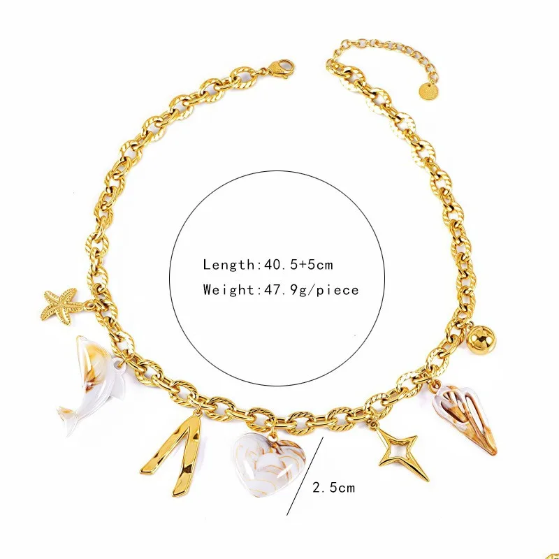 Starfish Conch Dolphin Casual Vacation 304 Stainless Steel Multi Charms Necklace Lobster Trigger Clasp Closure display picture 5