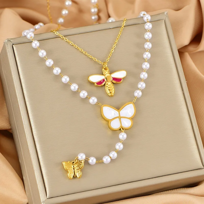 Abeja Mariposa Casual Vacaciones Acero Inoxidable 304 Collares De Doble Capa Venta Al Por Mayor display picture 3