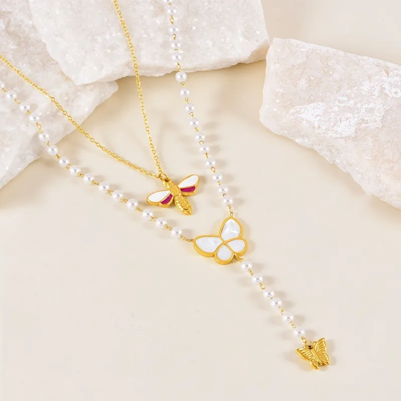 Abeja Mariposa Casual Vacaciones Acero Inoxidable 304 Collares De Doble Capa Venta Al Por Mayor display picture 4