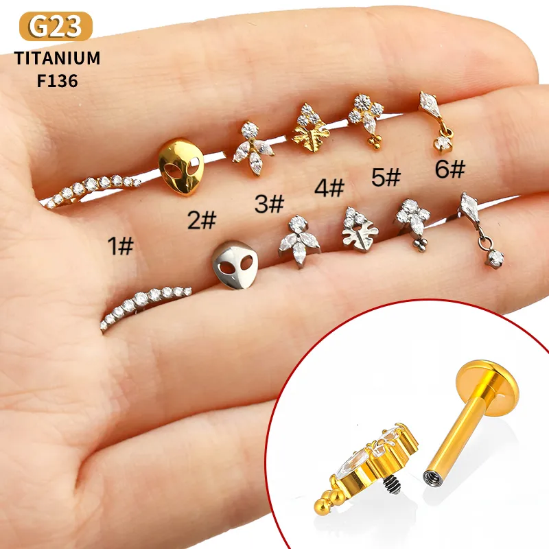 1 Piece Titanium Alloy Casual Sexy Commute Alien Crown Flower Zircon 18K Gold Plated Plating Hollow Out Lip Rings Ear Cartilage Rings & Studs Nose Rings & Studs display picture 7