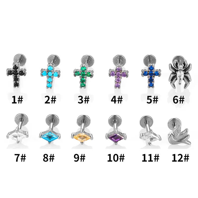 1 Piece Titanium Alloy Casual Simple Style Commute Cross Spider Bird Zircon Polishing Lip Rings Ear Cartilage Rings & Studs Nose Rings & Studs display picture 3