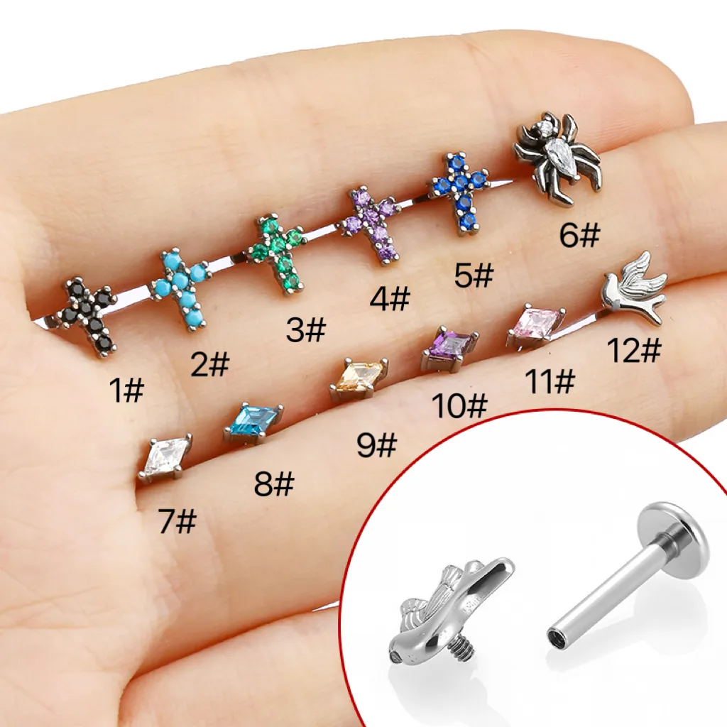 1 Piece Titanium Alloy Casual Simple Style Commute Cross Spider Bird Zircon Polishing Lip Rings Ear Cartilage Rings & Studs Nose Rings & Studs display picture 7