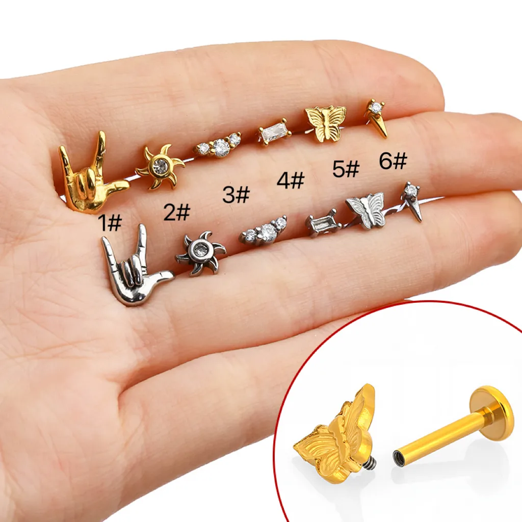 1 Piece 316L Stainless Steel  Casual Nordic Style Simple Style Animal Gesture Butterfly Zircon 18K Gold Plated Polishing Plating Hollow Out Lip Rings Ear Cartilage Rings & Studs Nose Rings & Studs display picture 8