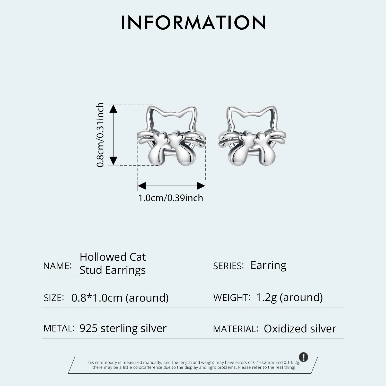 1 Pair 925 Sterling Silver Cat Small Stud Earrings display picture 2