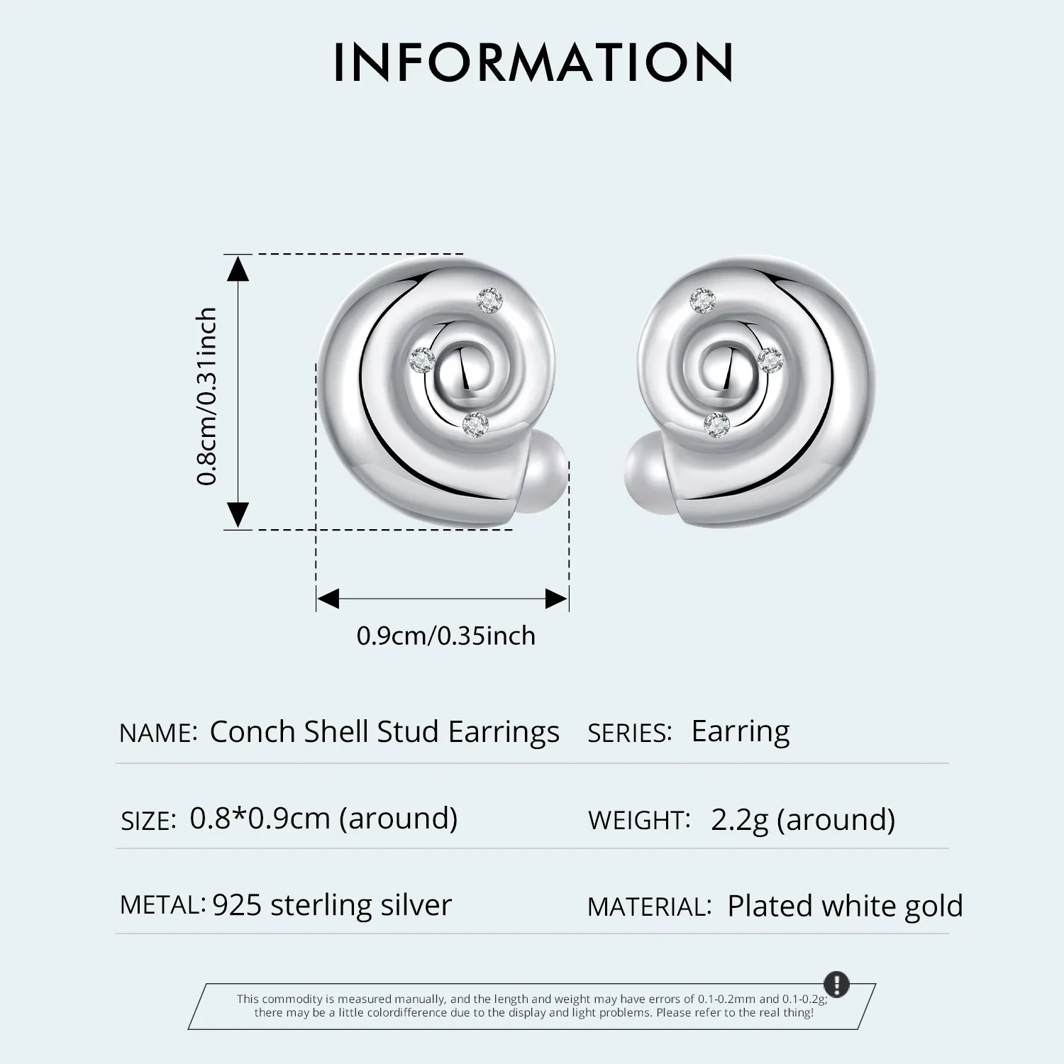 1 Pair 925 Sterling Silver Zircon Conch Small Stud Earrings display picture 4