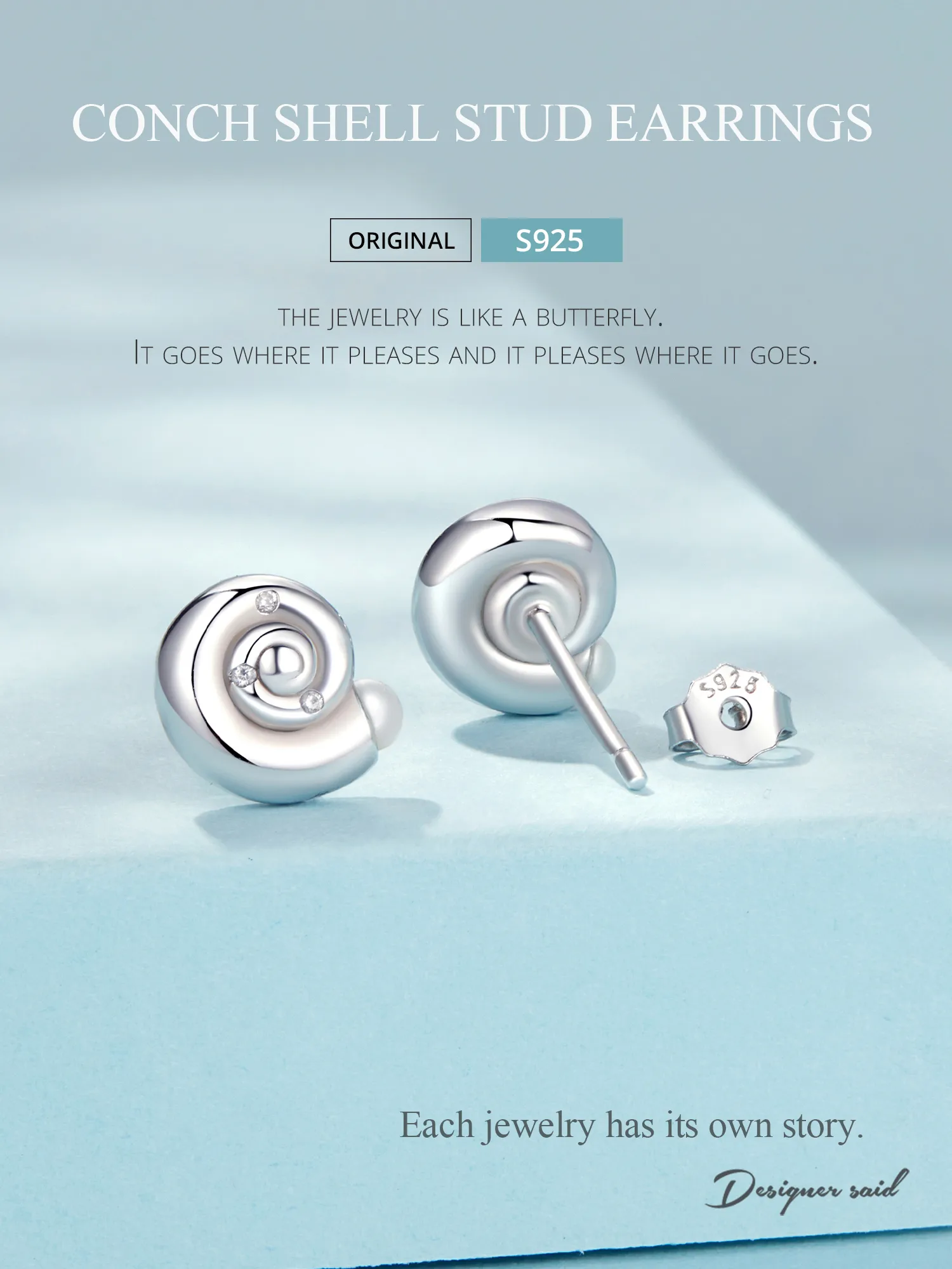 1 Pair 925 Sterling Silver Zircon Conch Small Stud Earrings display picture 5